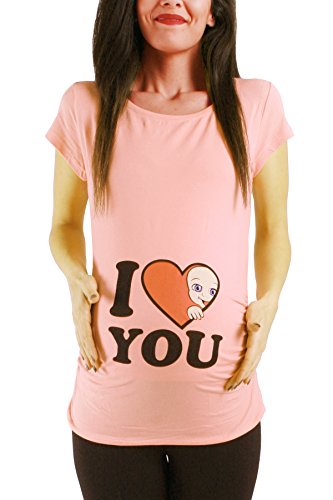 I Love You - Lustige witzige süße Umstandsmode mit Motiv Umstandsshirt für die Schwangerschaft T-Shirt Schwangerschaftsshirt, Kurzarm (Lachsfarbe, Large) von M.M.C.