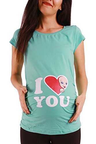 I Love You - Lustige witzige süße Umstandsmode mit Motiv Umstandsshirt für die Schwangerschaft T-Shirt Schwangerschaftsshirt, Kurzarm (Mint, Large) von M.M.C.