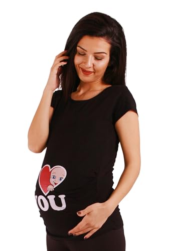 I Love You - Lustige witzige süße Umstandsmode mit Motiv Umstandsshirt für die Schwangerschaft T-Shirt Schwangerschaftsshirt, Kurzarm (Schwarz, Large) von M.M.C.