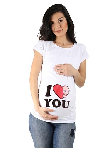 I Love You - Lustige witzige süße Umstandsmode mit Motiv Umstandsshirt für die Schwangerschaft T-Shirt Schwangerschaftsshirt, Kurzarm (Weiß, Medium) von M.M.C.