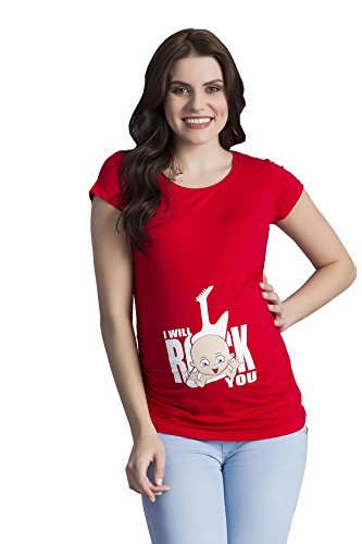 I Will Rock You - Lustige witzige süße Umstandsmode mit Motiv Umstandsshirt für die Schwangerschaft T-Shirt Schwangerschaftsshirt, Kurzarm (Rot, Large) von M.M.C.