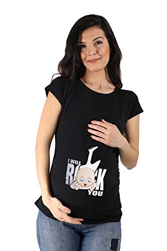 I Will Rock You - Lustige witzige süße Umstandsmode mit Motiv Umstandsshirt für die Schwangerschaft T-Shirt Schwangerschaftsshirt, Kurzarm (Schwarz, Large) von M.M.C.
