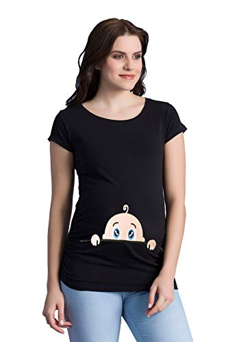 Neugieriges Baby - Lustige witzige süße Umstandsmode mit Motiv Umstandsshirt für die Schwangerschaft T-Shirt Schwangerschaftsshirt, Kurzarm (Schwarz, Large) von M.M.C.