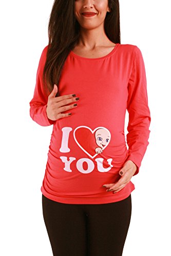 Love - Lustige witzige süße Umstandsmode Umstandsshirt Schwangerschaftsshirt Sweatshirt mit Motiv für die Schwangerschaft, Langarm (Koralle, Medium) von M.M.C.