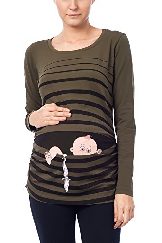 Baby Flucht - Lustige witzige süße Umstandsmode mit Motiv für die Schwangerschaft Umstandsshirt T-Shirt Schwangerschaftsshirt, Langarm (Khaki, Small) von M.M.C.