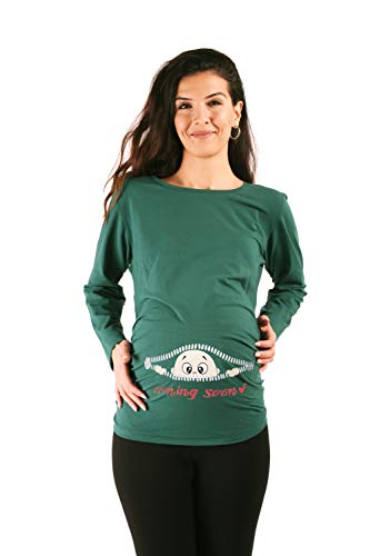 Coming Soon - Lustige witzige süße Umstandsmode Umstandsshirt Sweatshirt Schwangerschaftsshirt mit Motiv für die Schwangerschaft, Langarm (Dunkelgrün, Large) von M.M.C.