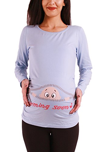 Coming Soon - Lustige witzige süße Umstandsmode Umstandsshirt Sweatshirt Schwangerschaftsshirt mit Motiv für die Schwangerschaft, Langarm (Babyblau, X-Large) von M.M.C.