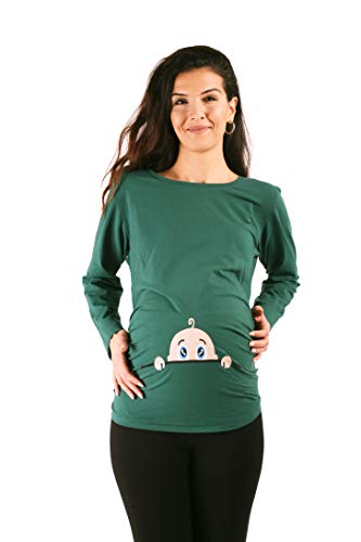 M.M.C. Neugieriges Baby - Umstandsmode Umstandsshirt mit Motiv Sweatshirt Schwangerschaftsshirt für die Schwangerschaft, Langarm (Dunkelgrün, Large) von M.M.C.
