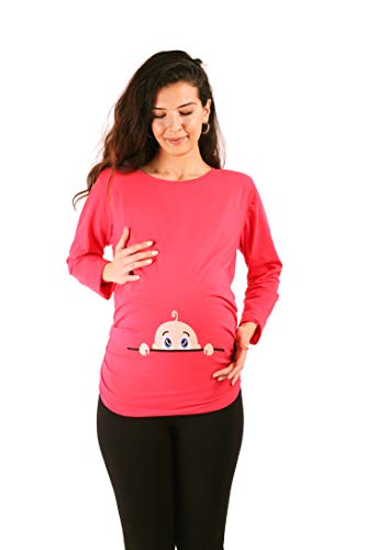 M.M.C. Neugieriges Baby - Umstandsmode Umstandsshirt mit Motiv Sweatshirt Schwangerschaftsshirt für die Schwangerschaft, Langarm (Koralle, X-Large) von M.M.C.