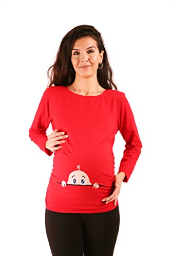 M.M.C. Neugieriges Baby - Umstandsmode Umstandsshirt mit Motiv Sweatshirt Schwangerschaftsshirt für die Schwangerschaft, Langarm (Rot, Large) von M.M.C.