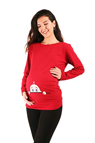 M.M.C. Neugieriges Baby - Umstandsmode Umstandsshirt mit Motiv Sweatshirt Schwangerschaftsshirt für die Schwangerschaft, Langarm (Weinrot, Large) von M.M.C.