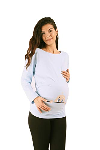 M.M.C. Neugieriges Baby - Umstandsmode Umstandsshirt mit Motiv Sweatshirt Schwangerschaftsshirt für die Schwangerschaft, Langarm (Babyblau, Small) von M.M.C.