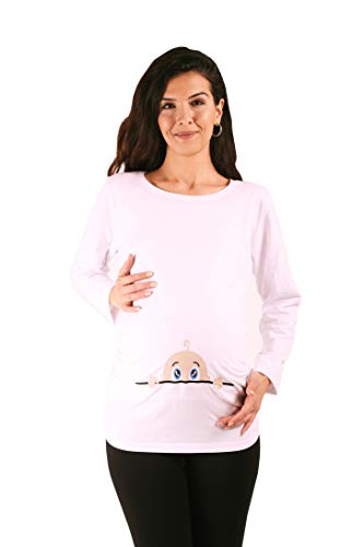 M.M.C. Neugieriges Baby - Umstandsmode Umstandsshirt mit Motiv Sweatshirt Schwangerschaftsshirt für die Schwangerschaft, Langarm (Weiß, Small) von M.M.C.