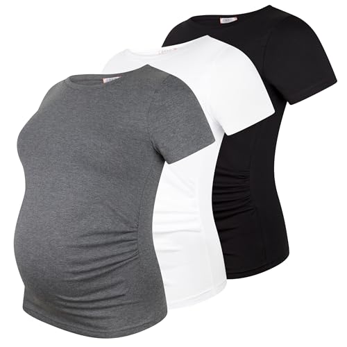 M.M.C. Umstandsshirt 3er Set unifarben Umstandsmode Schwangerschaft Schwangerschaftsshirt, Kurzarm (Schwarz, Weiß, Dunkelgrau, S) von M.M.C.