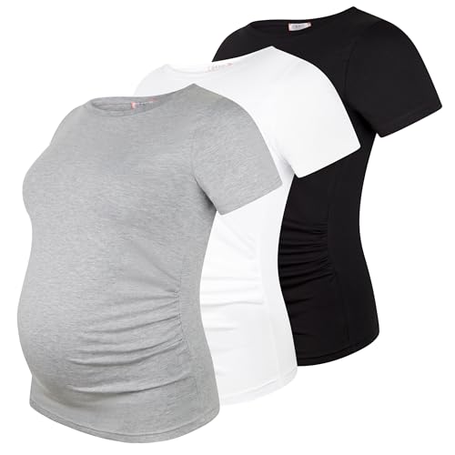 M.M.C. Umstandsshirt 3er Set unifarben Umstandsmode Schwangerschaft Schwangerschaftsshirt, Kurzarm (Schwarz, Weiß, Hellgrau, L) von M.M.C.