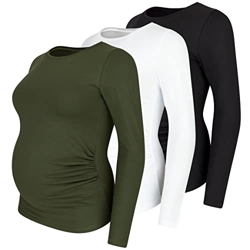 M.M.C. Umstandsshirt 3er Set unifarben Umstandsmode Schwangerschaft Schwangerschaftsshirt, Langarm (Schwarz, Weiß, Khaki, Large) von M.M.C.