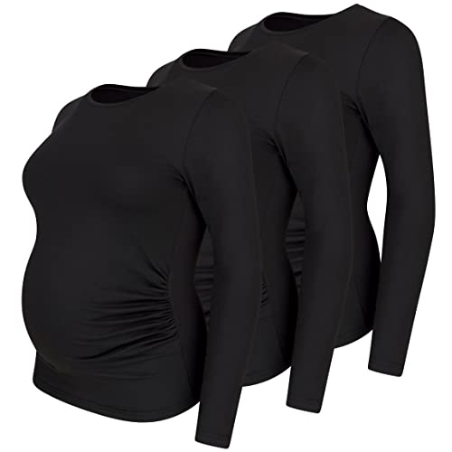 Umstandsshirt 3er Set unifarben Umstandsmode Schwangerschaft Schwangerschaftsshirt, Langarm (3 Schwarz, Medium) von M.M.C.