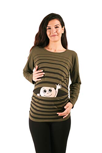 Winke Winke Baby - Lustige witzige süße Umstandsmode gestreiftes Umstandsshirt mit Motiv für die Schwangerschaft, Langarm (Khaki, Small) von M.M.C.