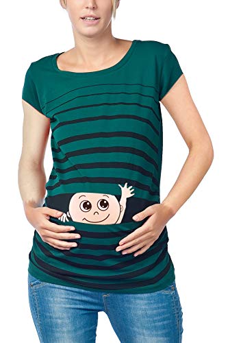 Winke Winke Baby - Lustige witzige süße Umstandsmode gestreiftes Umstandsshirt mit Motiv für die Schwangerschaft Schwangerschaftsshirt, Kurzarm (Dunkelgrün, Large) von M.M.C.