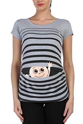 Winke Winke Baby - Lustige witzige süße Umstandsmode gestreiftes Umstandsshirt mit Motiv für die Schwangerschaft Schwangerschaftsshirt, Kurzarm (Grau, Large) von M.M.C.