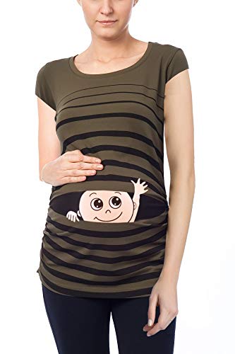 Winke Winke Baby - Lustige witzige süße Umstandsmode gestreiftes Umstandsshirt mit Motiv für die Schwangerschaft Schwangerschaftsshirt, Kurzarm (Khaki, Large) von M.M.C.