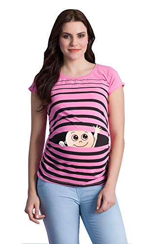 Winke Winke Baby - Lustige witzige süße Umstandsmode gestreiftes Umstandsshirt mit Motiv für die Schwangerschaft Schwangerschaftsshirt, Kurzarm (Rosa, Large) von M.M.C.