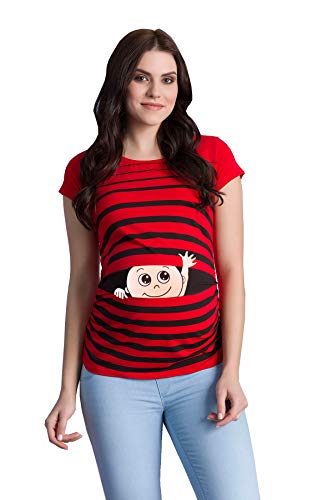 Winke Winke Baby - Lustige witzige süße Umstandsmode gestreiftes Umstandsshirt mit Motiv für die Schwangerschaft Schwangerschaftsshirt, Kurzarm (Rot, Large) von M.M.C.