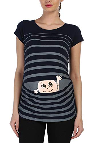 Winke Winke Baby - Lustige witzige süße Umstandsmode gestreiftes Umstandsshirt mit Motiv für die Schwangerschaft Schwangerschaftsshirt, Kurzarm (Schwarz, Small) von M.M.C.