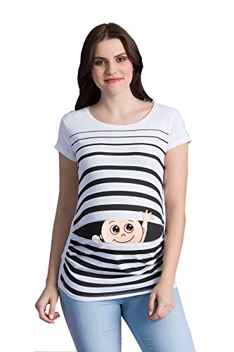 Winke Winke Baby - Lustige witzige süße Umstandsmode gestreiftes Umstandsshirt mit Motiv für die Schwangerschaft Schwangerschaftsshirt, Kurzarm (Weiß, X-Large) von M.M.C.