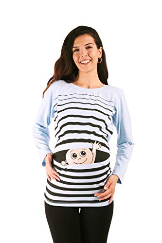 Winke Winke Baby - Lustige witzige süße Umstandsmode gestreiftes Umstandsshirt mit Motiv für die Schwangerschaft, Langarm (Babyblau, Large) von M.M.C.