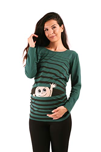 Winke Winke Baby - Lustige witzige süße Umstandsmode gestreiftes Umstandsshirt mit Motiv für die Schwangerschaft, Langarm (Dunkelgrün, Small) von M.M.C.