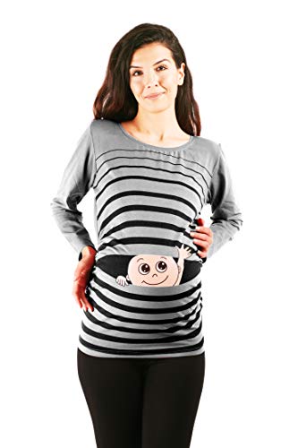 Winke Winke Baby - Lustige witzige süße Umstandsmode gestreiftes Umstandsshirt mit Motiv für die Schwangerschaft, Langarm (Grau, Large) von M.M.C.