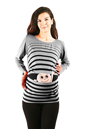 Winke Winke Baby - Lustige witzige süße Umstandsmode gestreiftes Umstandsshirt mit Motiv für die Schwangerschaft, Langarm (Grau, Small) von M.M.C.