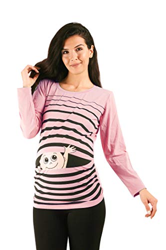 Winke Winke Baby - Lustige witzige süße Umstandsmode gestreiftes Umstandsshirt mit Motiv für die Schwangerschaft, Langarm (Rosa, Small) von M.M.C.