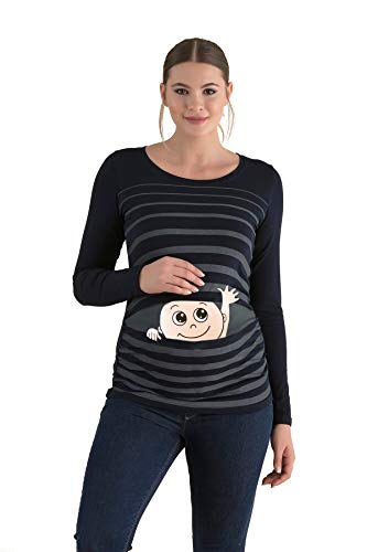 Winke Winke Baby - Lustige witzige süße Umstandsmode gestreiftes Umstandsshirt mit Motiv für die Schwangerschaft, Langarm (Schwarz, Large) von M.M.C.