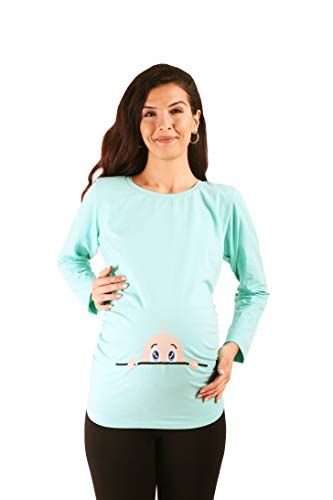 Neugieriges Baby - Umstandsmode Umstandsshirt mit Motiv Sweatshirt Schwangerschaftsshirt für die Schwangerschaft, Langarm (Mint, Large) von M.M.C.