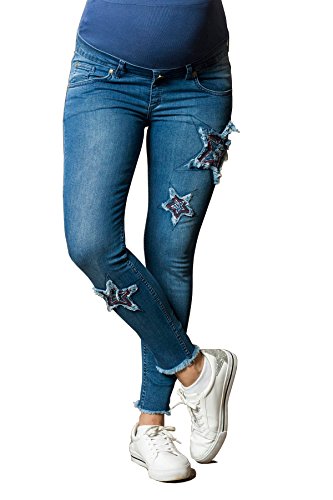 STAR Schwangerschaftshose mit aufgestickten Sternen | knöchellange Umstandsjeans mit ausgefranstem Saum | Umstandshose mit Überbauchbund | Super Skinny Schwangerschaftsjeans | Umstandsmode (Blau, 44) von M.M.C.