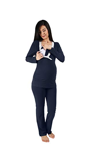 Still-Pyjama Set mit Spitze für Damen - Umstandspyjama Schlafanzug Nachtwäsche für Schwangerschaft und Stillzeit mit Stillfunktion, Langarm (Dunkelblau, Medium) von M.M.C.