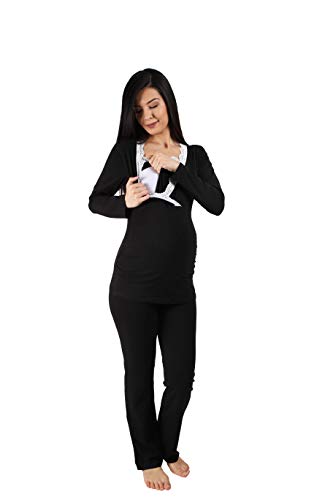 Still-Pyjama Set mit Spitze für Damen - Umstandspyjama Schlafanzug Nachtwäsche für Schwangerschaft und Stillzeit mit Stillfunktion, Langarm (Schwarz, Medium) von M.M.C.