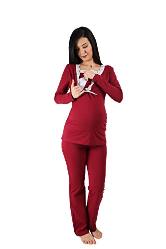 Still-Pyjama Set mit Spitze für Damen - Umstandspyjama Schlafanzug Nachtwäsche für Schwangerschaft und Stillzeit mit Stillfunktion, Langarm (Weinrot, Large) von M.M.C.