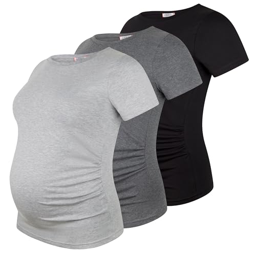 Umstandsshirt 3er Set unifarben Umstandsmode Schwangerschaft Schwangerschaftsshirt, Kurzarm (Schwarz, Dunkelgrau, Hellgrau, M) von M.M.C.
