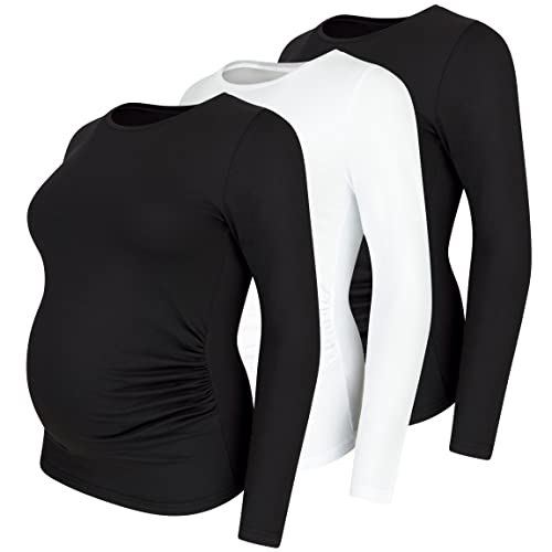 Umstandsshirt 3er Set unifarben Umstandsmode Schwangerschaft Schwangerschaftsshirt, Langarm (2 Schwarz, 1 Weiß, Medium) von M.M.C.