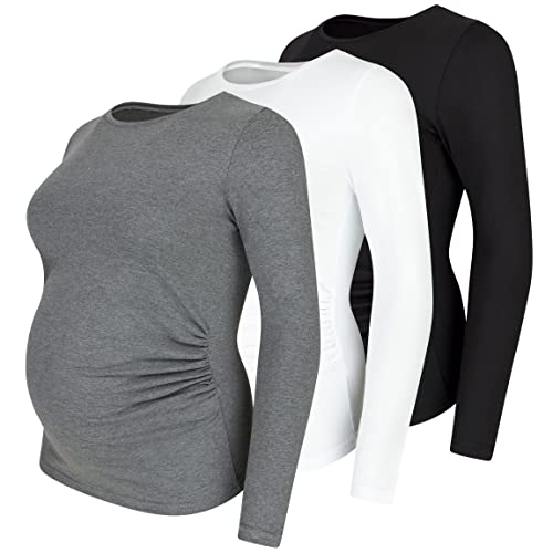 Umstandsshirt 3er Set unifarben Umstandsmode Schwangerschaft Schwangerschaftsshirt, Langarm (Schwarz, Weiß, Dunkelgrau, Medium) von M.M.C.