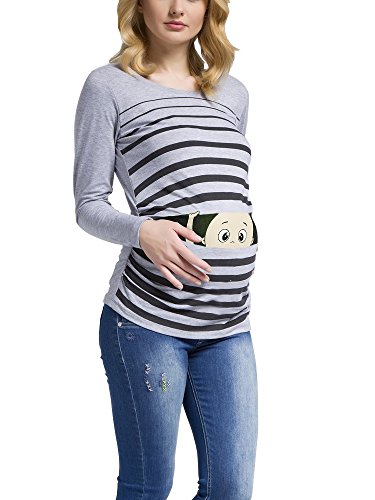Witzige süße Umstandsmode T-Shirt mit Motiv Schwangerschaft Geschenk - Langarm (Grau, Large) von M.M.C.