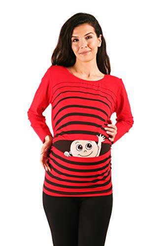 Winke Winke Baby - Lustige witzige süße Umstandsmode gestreiftes Umstandsshirt mit Motiv für die Schwangerschaft, Langarm (Rot, X-Large) von M.M.C.