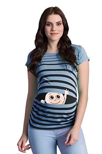 Winke Winke Baby - Lustige witzige süße Umstandsmode gestreiftes Umstandsshirt mit Motiv für die Schwangerschaft Schwangerschaftsshirt, Kurzarm (Babyblau, Medium) von M.M.C.