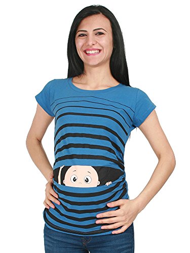 Witzige süße Umstandsmode T-Shirt mit Motiv Schwangerschaft Geschenk - Kurzarm (Blau, Small) von M.M.C.