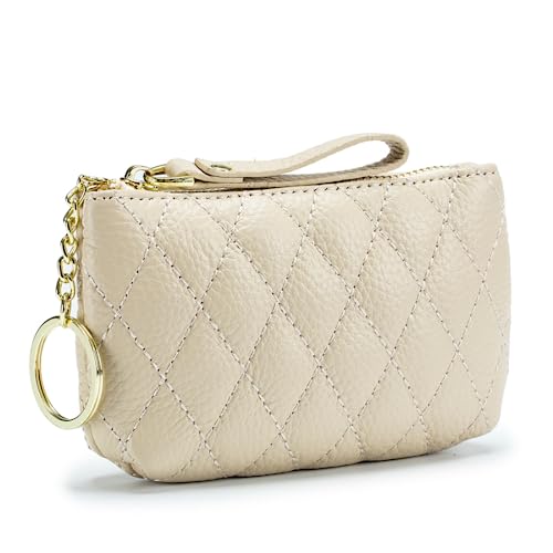 Geldbörse für Mädchen und Frauen, echtes Leder, niedlich, gesteppt, Schlüsselanhänger, Geldbörse, Reißverschluss, Wechseltasche, beige von M.lemo925