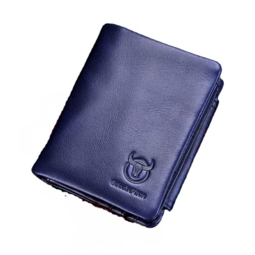 M.lemo925 Dreifach faltbare Geldbörse aus echtem Leder mit RFID-Blockierung, Kreditkartenetui mit Reißverschluss, Münzfach, Blau + Geschenkbox von M.lemo925