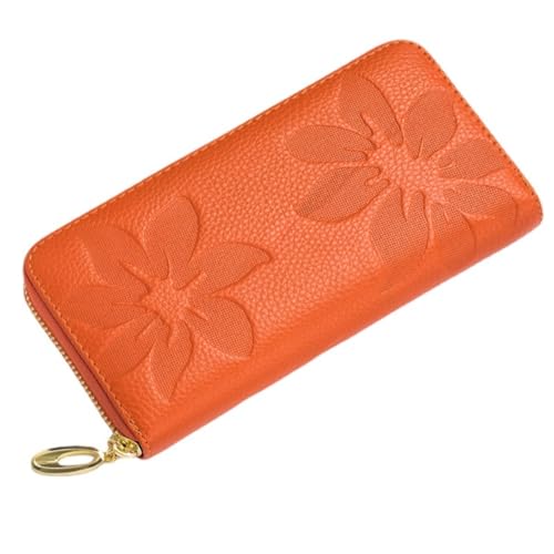 M.lemo925 Echtes Leder Geldbörse für Frauen Neuheit Prägung Blume Reißverschluss um Clutch Geldbörse, Orange/Abendrot im Zickzackmuster (Sunset Chevron) von M.lemo925